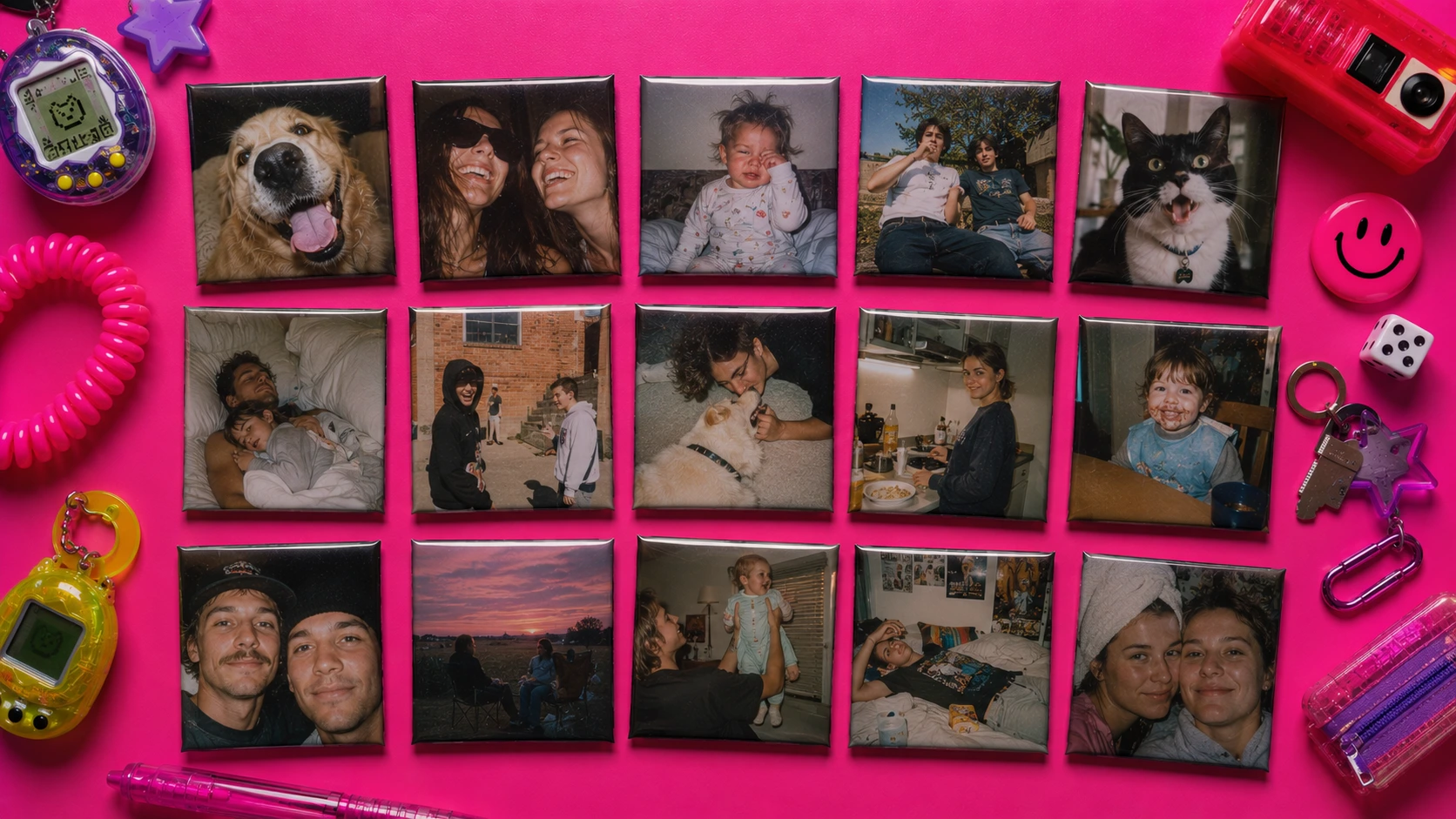 A grid of custom photo magnets of family, friends and pets on a hot pink background with retro 90s props